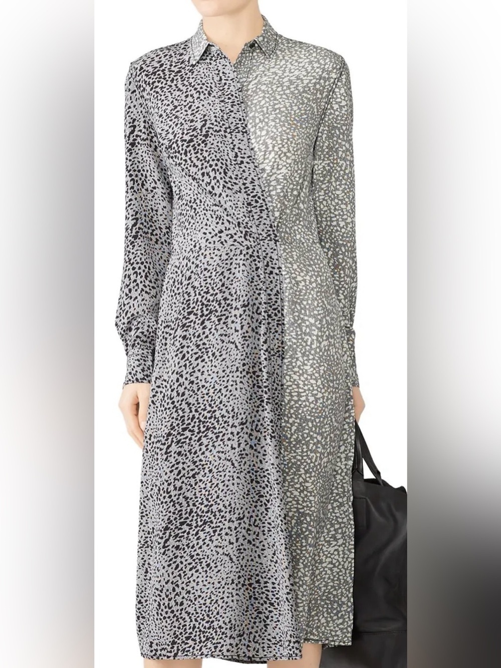 rag & bone Two-Tone Gray Printed Long-Sleeve Midi Dress 100 % Silk